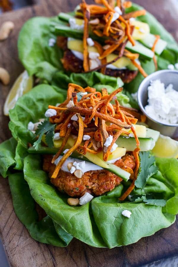 Curried Salmon Burger Lettuce Wraps w-Crispy Sweet Potato Straws + Goat cheese | halfbakedharvest.com