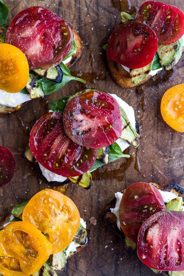 Grilled Caprese Toast with Burrata Cheese + Grilled Avocados | halfbakedharvest.com
