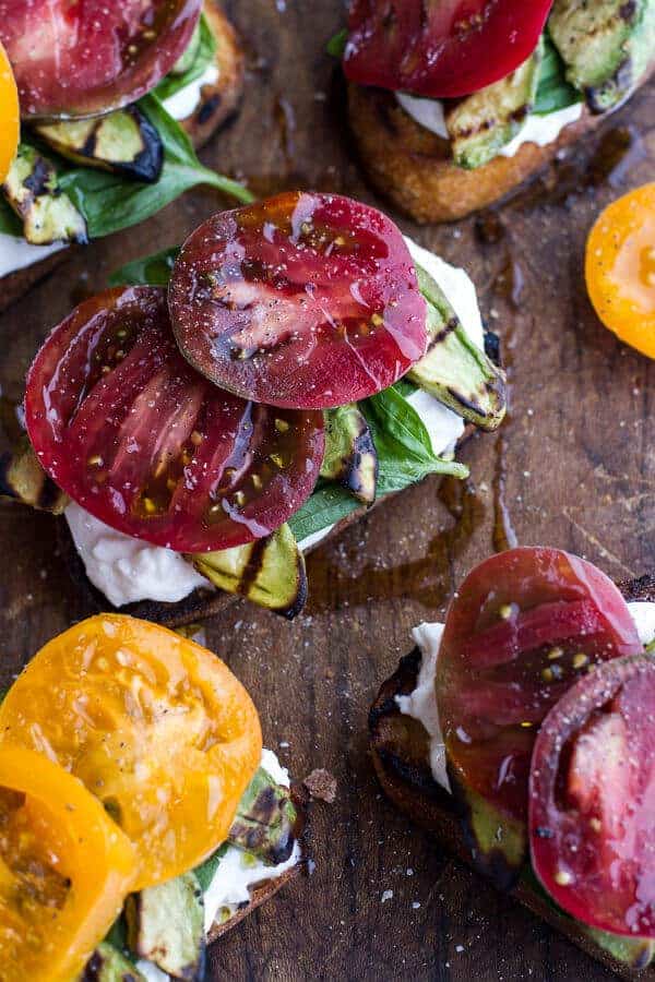 Grilled Caprese Toast with Burrata Cheese + Grilled Avocados | halfbakedharvest.com