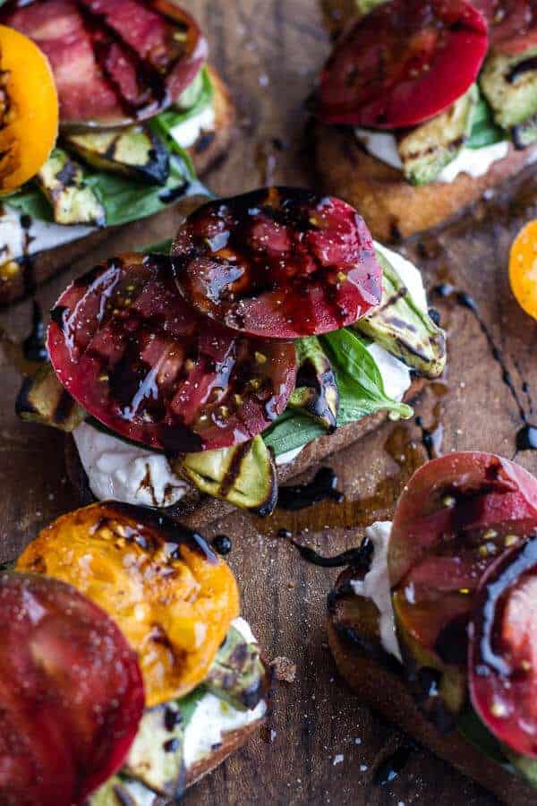 Grilled Caprese Toast with Burrata Cheese + Grilled Avocados | halfbakedharvest.com