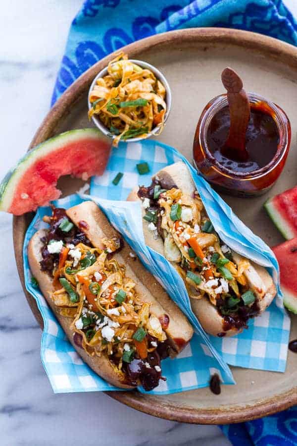 Grilled Korean BBQ Short Rib Dogs w-Sweet Peach Relish + Spicy Korean Slaw | halfbakedharvest.com