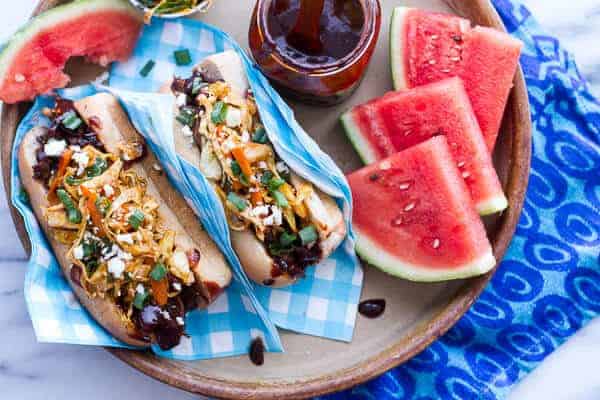 Grilled Korean BBQ Short Rib Dogs w-Sweet Peach Relish + Spicy Korean Slaw | halfbakedharvest.com