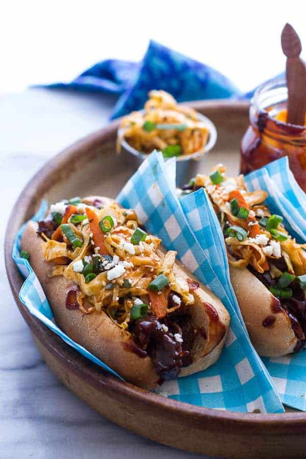 Grilled Korean BBQ Short Rib Dogs w-Sweet Peach Relish + Spicy Korean Slaw | halfbakedharvest.com
