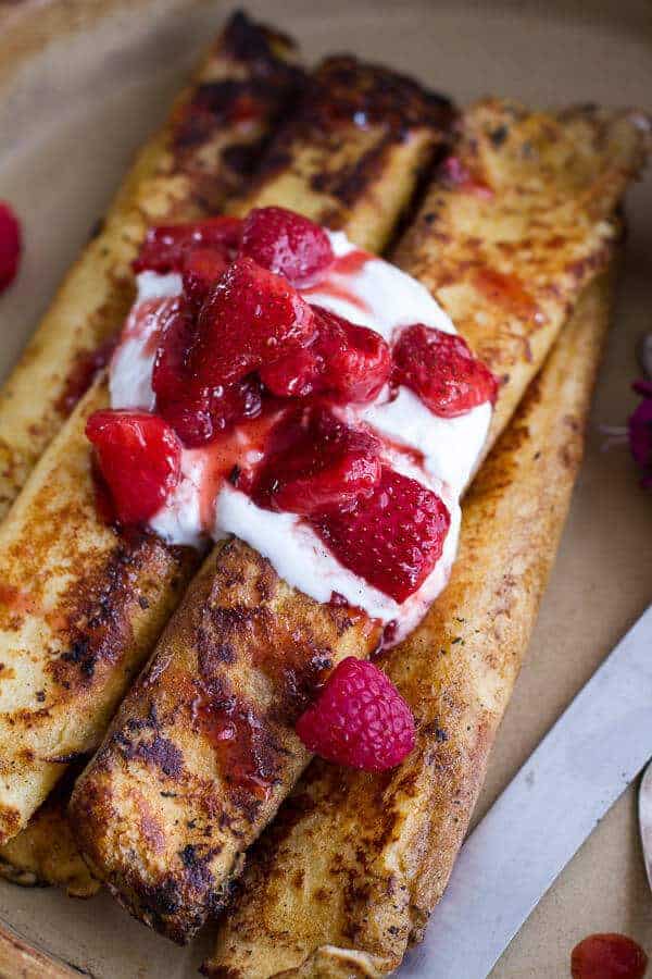 Lemon Ricotta Cheese Stuffed French Toast Crepes with Vanilla Stewed Strawberries | halfbakedharvest.com