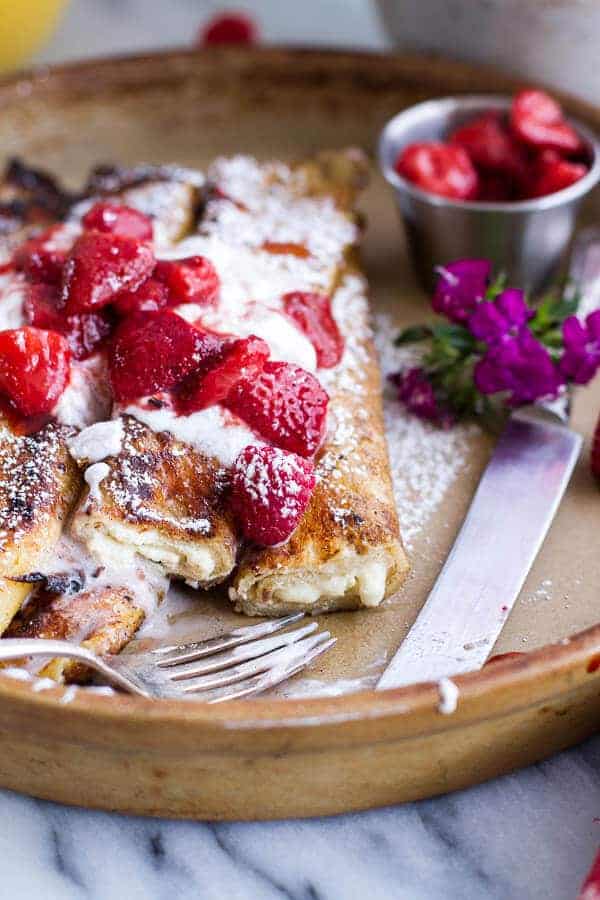 Lemon Ricotta Cheese Stuffed French Toast Crepes with Vanilla Stewed Strawberries | halfbakedharvest.com