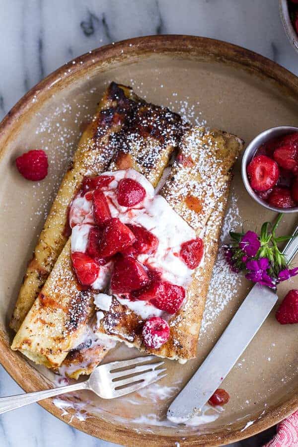 Lemon Ricotta Cheese Stuffed French Toast Crepes with Vanilla Stewed Strawberries | halfbakedharvest.com