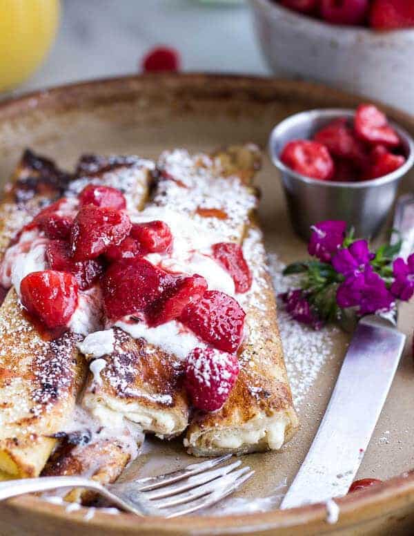 Lemon Ricotta Cheese Stuffed French Toast Crepes with Vanilla Stewed Strawberries | halfbakedharvest.com