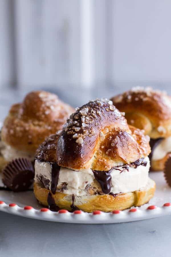 No-Churn Caramel Peanut Butter Cup Soft Pretzel Ice Cream Sammies w-Hot Fudge | halfbakedharvest.com