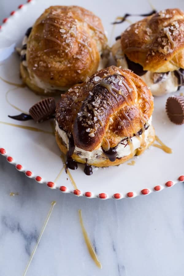 No-Churn Caramel Peanut Butter Cup Soft Pretzel Ice Cream Sammies w-Hot Fudge | halfbakedharvest.com