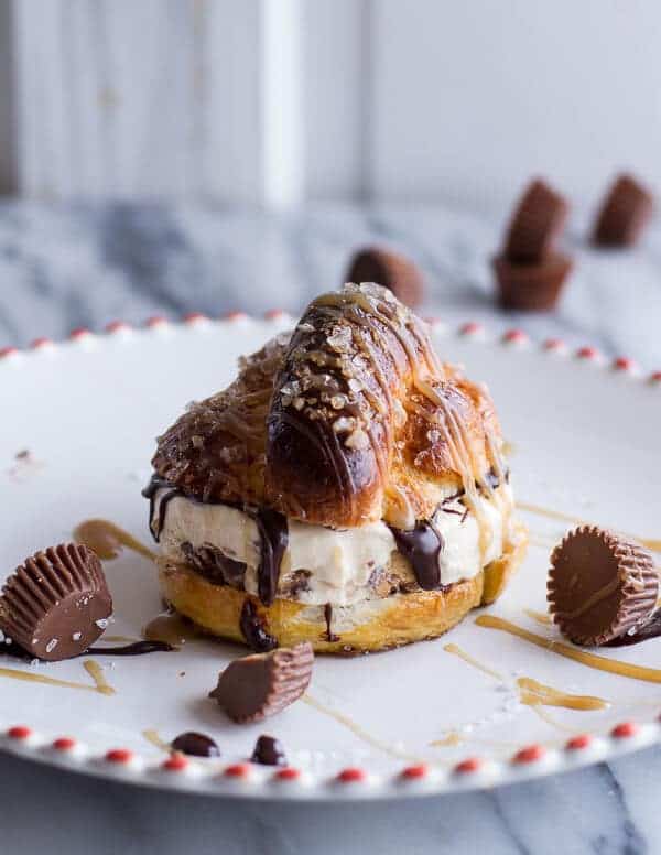 No-Churn Caramel Peanut Butter Cup Soft Pretzel Ice Cream Sammies w-Hot Fudge | halfbakedharvest.com
