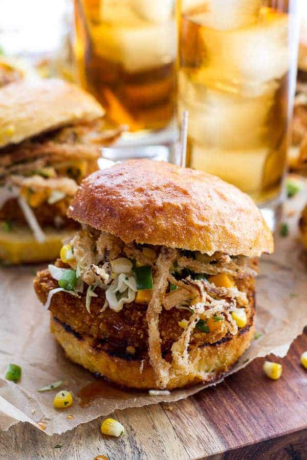 Sweet Tea Oven-Fried Chicken Sliders w- Jalapeño Cheddar Corn Slaw + Crispy Onions | halfbakedharvest.com