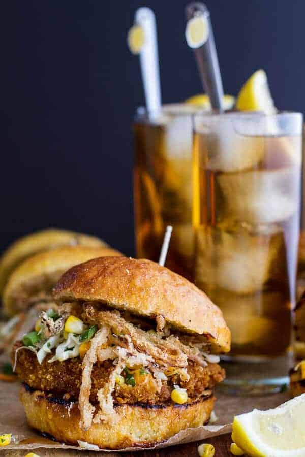 Sweet Tea Oven-Fried Chicken Sliders w- Jalapeño Cheddar Corn Slaw + Crispy Onions | halfbakedharvest.com