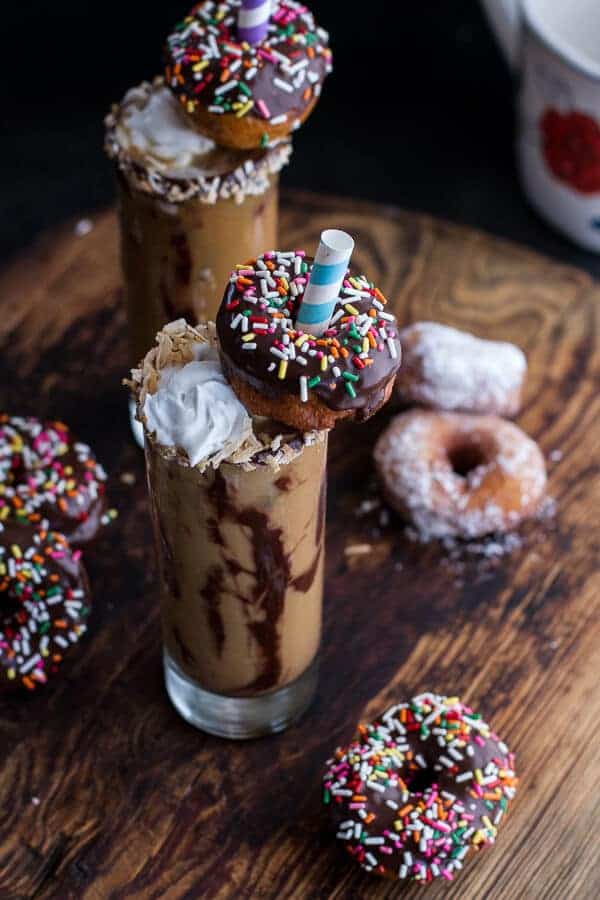 Coconut Iced Coffee...with Mini Chocolate Glazed Coffee Doughnuts | halfbakedharvest.com