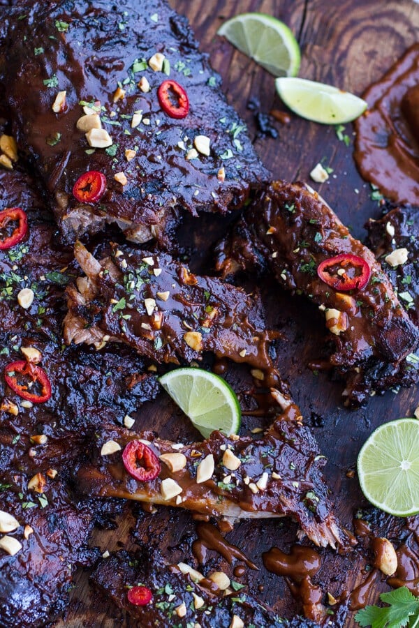 Extra Sticky Thai BBQ Ribs w-Peanut BBQ Sauce + Sweet Thai Ginger Slaw | halfbakedharvest.com