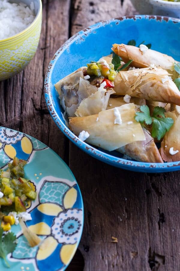 Garden Veggie and Goat Cheese Samosas with Sweet Peach and Basil Chutney | halfbakedharvest.com