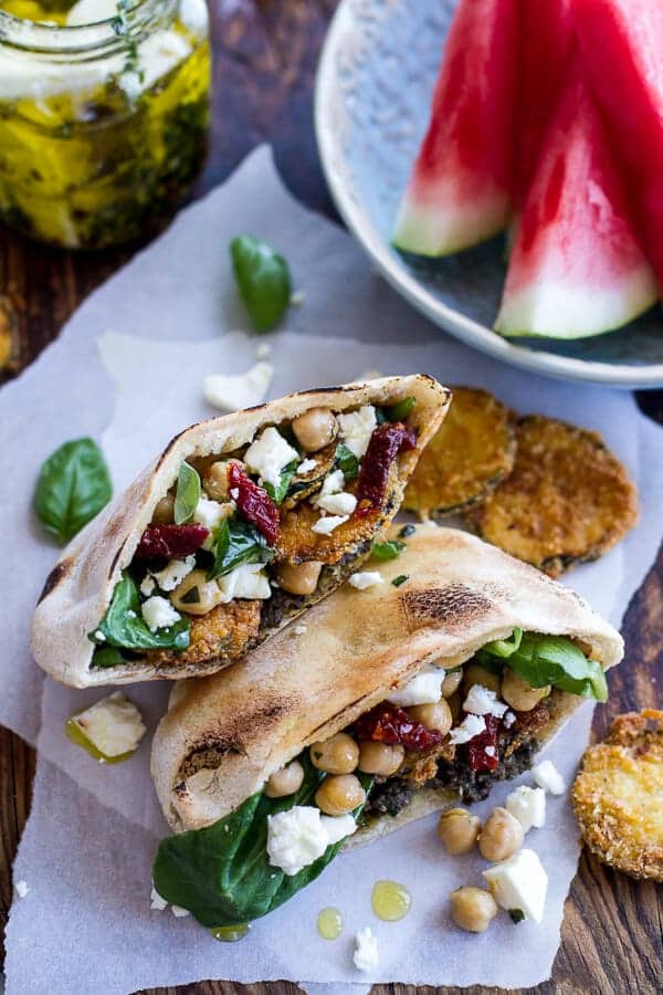 Greek Olive Pesto and Fried Zucchini Grilled Pitas w/Marinated Feta + Garbanzo Beans | halfbakedharvest.com
