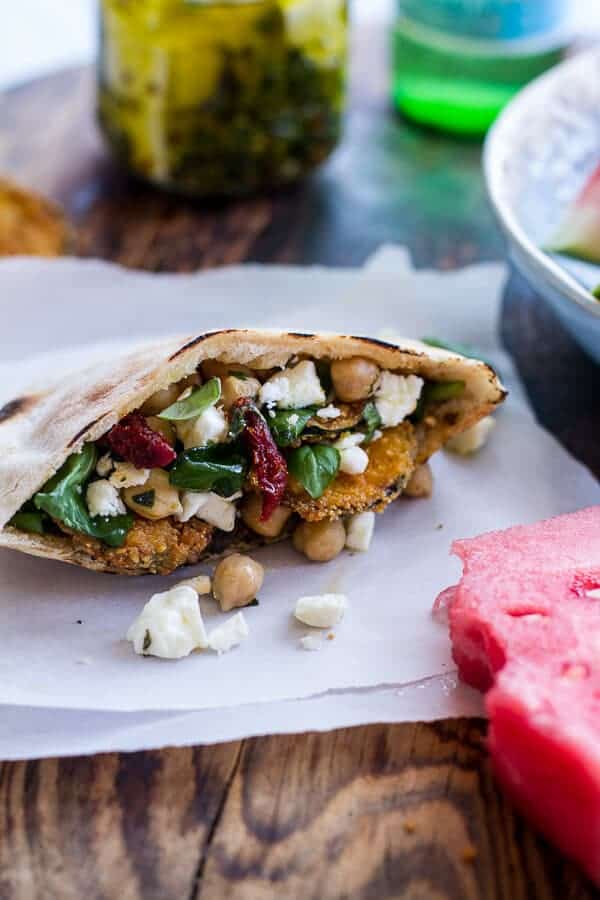 Greek Olive Pesto and Fried Zucchini Grilled Pitas w/Marinated Feta + Garbanzo Beans | halfbakedharvest.com