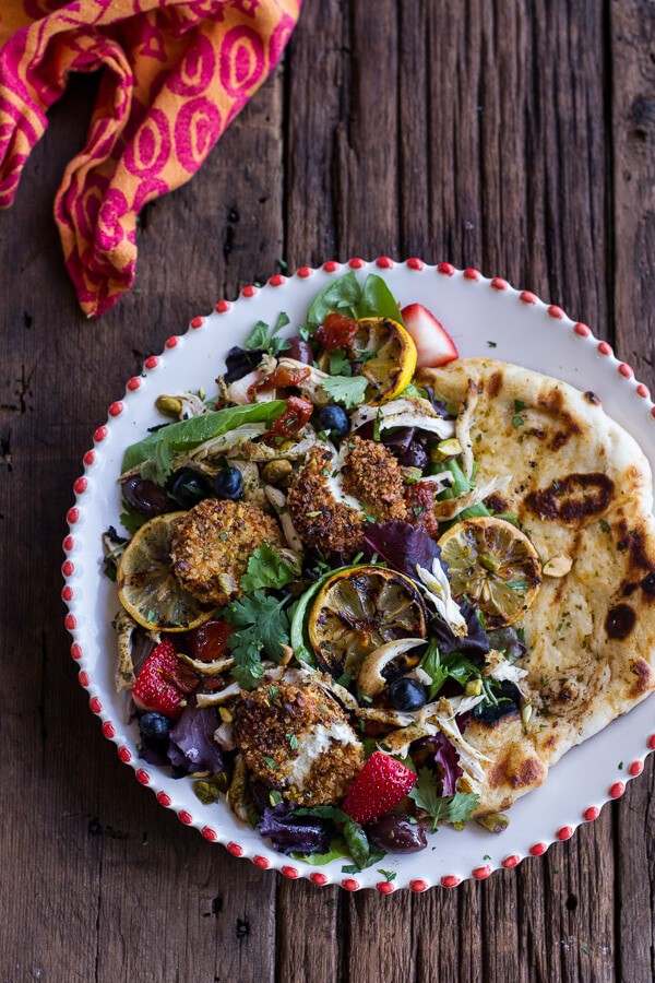 Moroccan Chicken Salad with Pistachio Crusted Fried Goat Cheese + Garlic Naan | halfbakedharvest.com