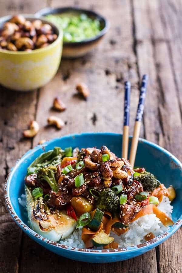 Quick Honey Ginger Pineapple and Summer Veggie Chicken Stir Fry with Caramelized Cashews | halfbakedharvest.com