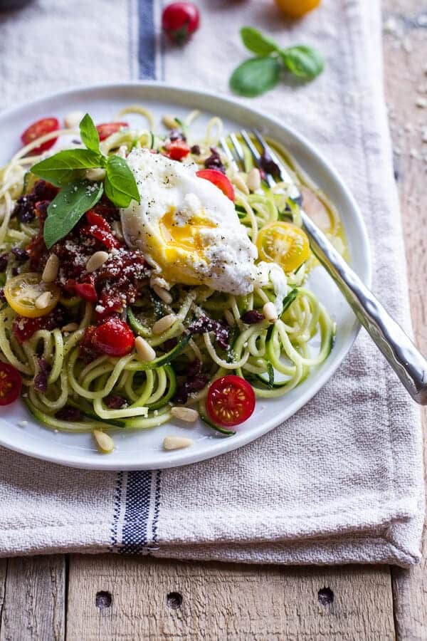 15-Minute Zucchini Pasta w- Poached eggs and Quick Heirloom Cherry Tomato Basil Sauce | halfbakedharvest.com