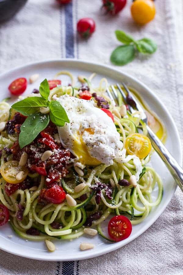 15-Minute Zucchini Pasta w- Poached eggs and Quick Heirloom Cherry Tomato Basil Sauce | halfbakedharvest.com