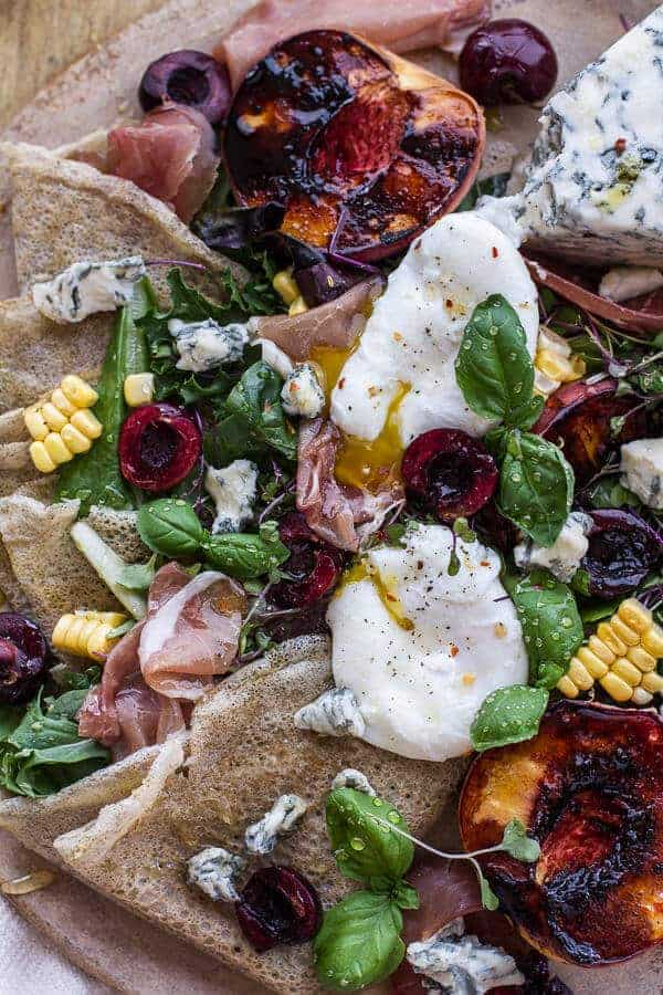 Caramelized Peach + Cherry, Prosciutto and Gorgonzola Salad w/Buckwheat Crêpes | halfbakedharvest.com