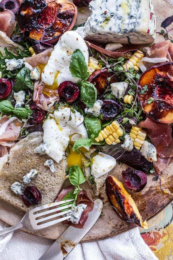 Caramelized Peach + Cherry, Prosciutto and Gorgonzola Salad w/Buckwheat Crêpes | halfbakedharvest.com