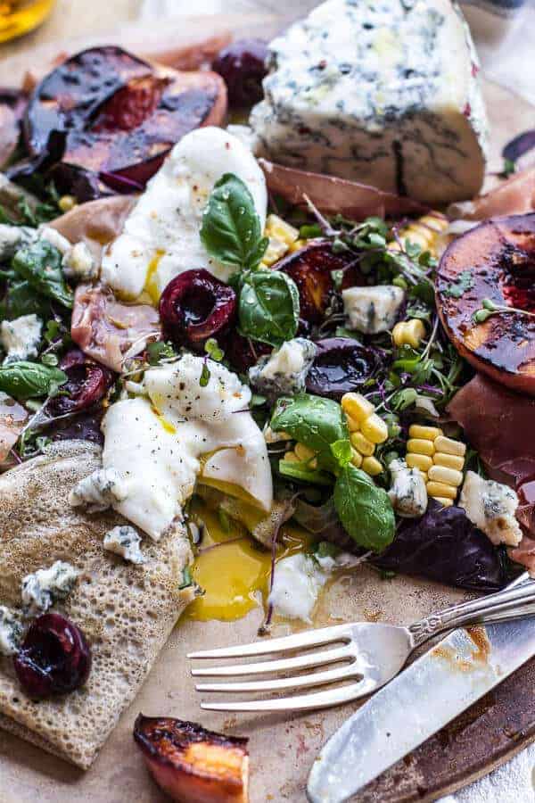 Caramelized Peach + Cherry, Prosciutto and Gorgonzola Salad w/Buckwheat Crêpes | halfbakedharvest.com