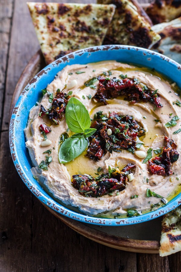 Cheesy Margarita Pizza Hummus with Grilled Pesto Pizza Bread | halfbakedharvest.com