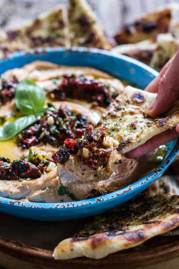 Cheesy Margarita Pizza Hummus with Grilled Pesto Pizza Bread | halfbakedharvest.com