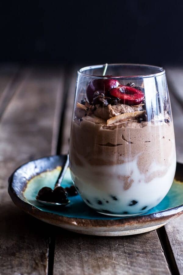 Chocolate Tahini Mocha Mousse w-Coconut Bubble Milk + Chocolate Expresso Beans | halfbakedharvest.com