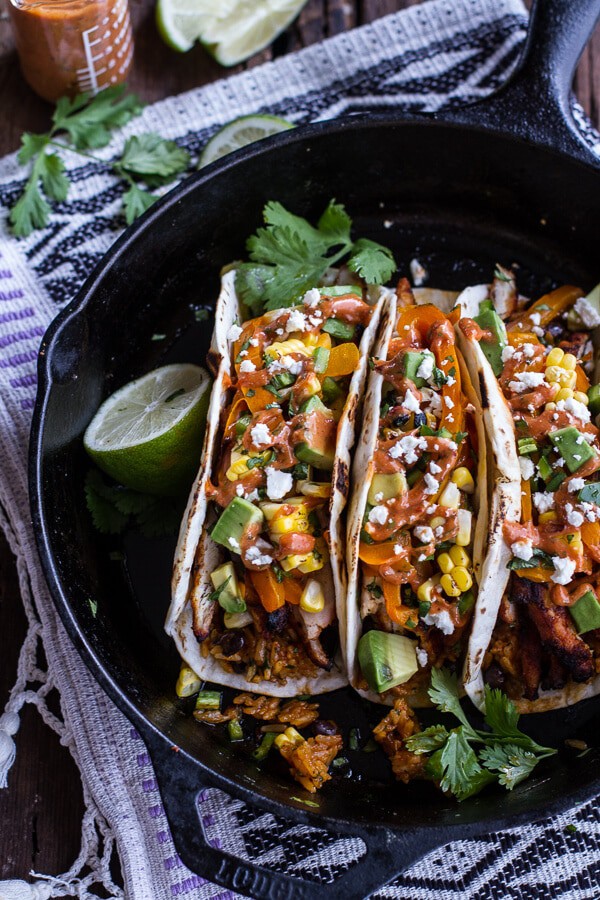 Easy Chicken Fajitas with Cheesy Enchilada Rice + Spicy Tex-Mex Special Sauce | halfbakedharvest.com