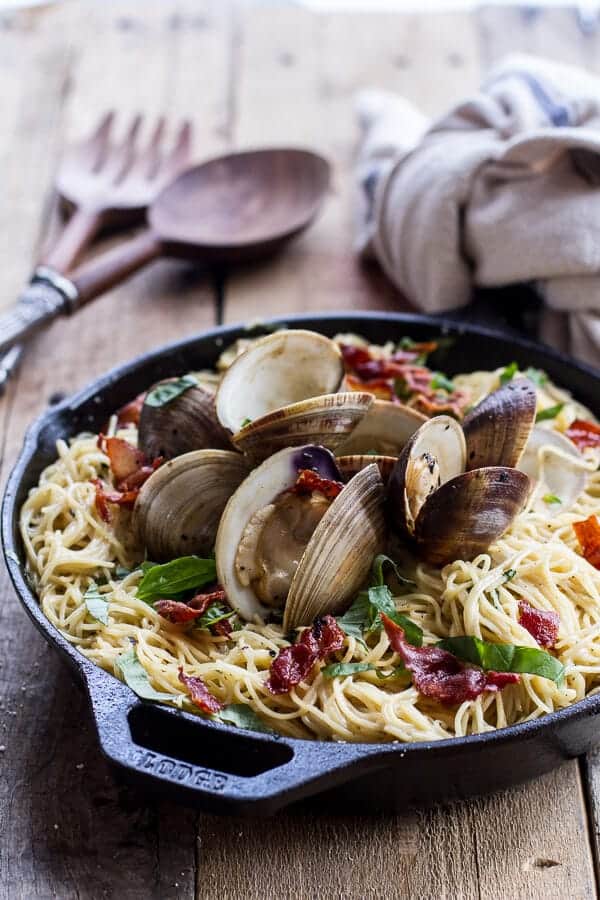 Fresh Clam Pasta with Creamy White Basil Sauce + Crispy Prosciutto | halfbakedharvest.com
