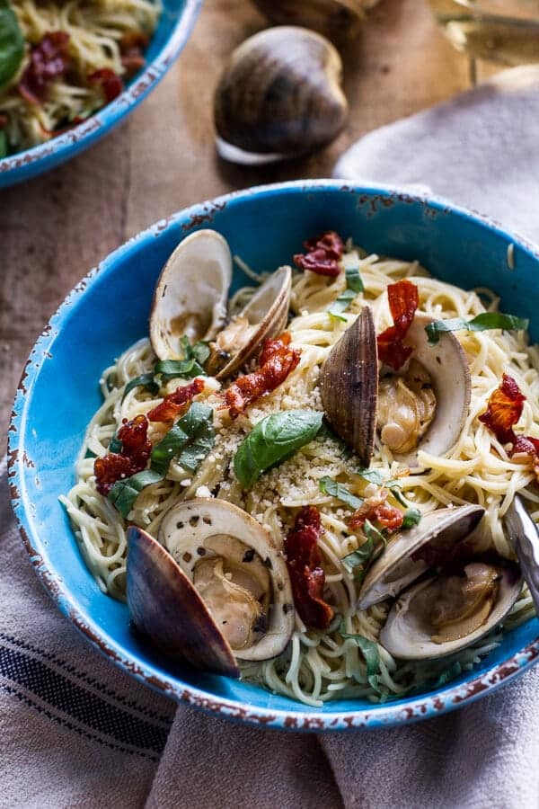 Fresh Clam Pasta with Creamy White Basil Sauce + Crispy Prosciutto | halfbakedharvest.com