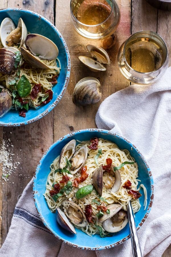 Fresh Clam Pasta with Creamy White Basil Sauce + Crispy Prosciutto | halfbakedharvest.com