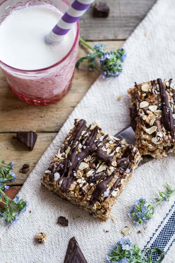 Healthy No-Bake Salted Dark Chocolate Chunk Oatmeal Cookie Bars | halfbakedharvest.com