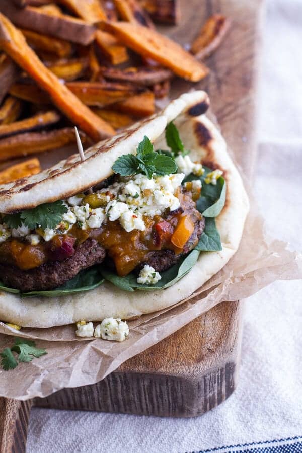 Moroccan Spiced Lamb Burgers with Apricot Chutney + Pistachio Feta Pesto | halfbakedharvest.com