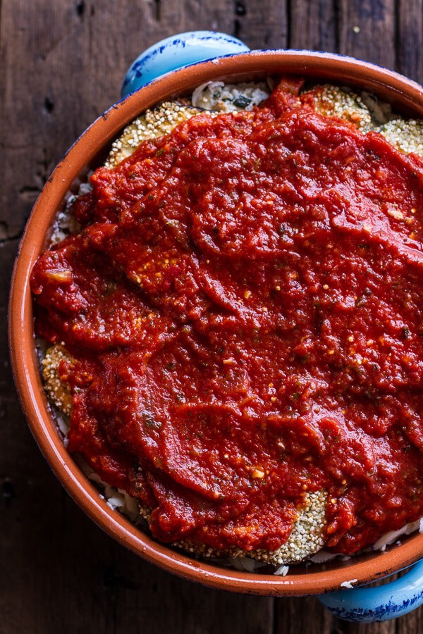 Quinoa Crusted Baked Three-Cheese Zucchini and Eggplant Parmesan | halfbakedharvest.com