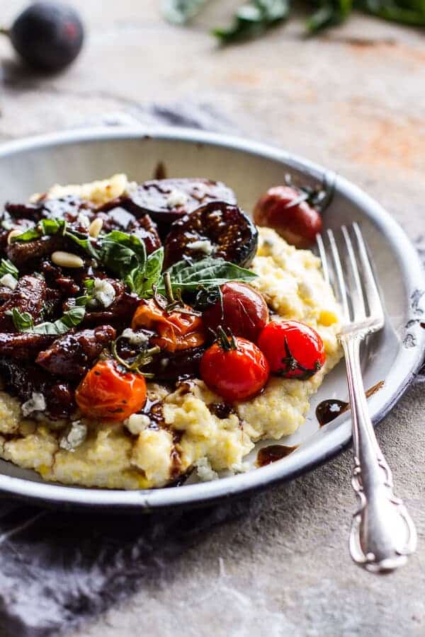 Balsamic Fig Glazed Pork w-Blistered Cherry Tomatoes and Creamy Gorgonzola Polenta | halfbakedharvest.com @hbharvest