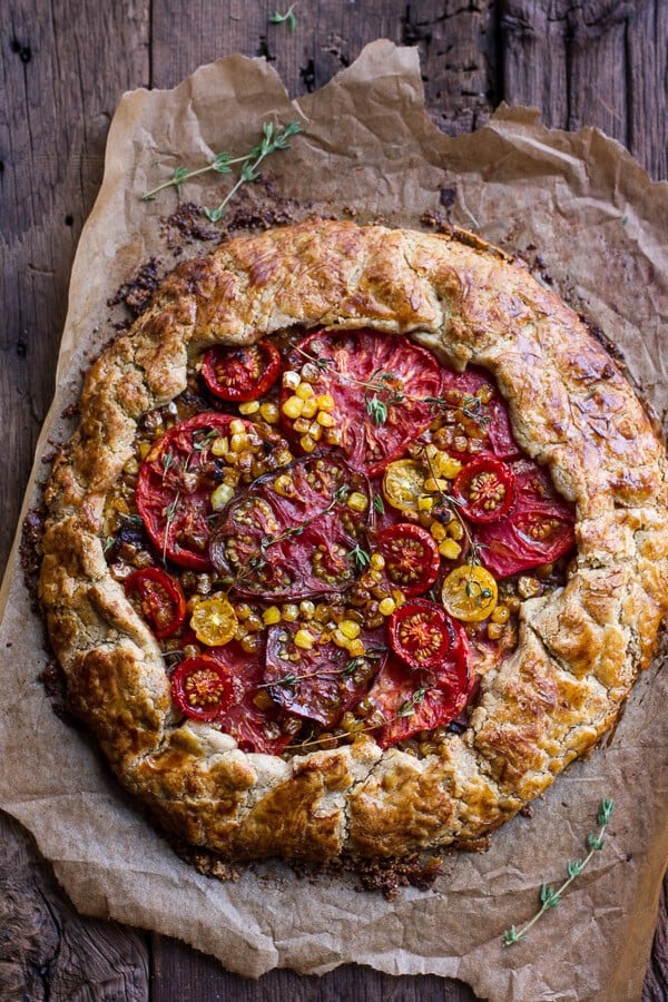 Caramelized Corn and Heirloom Tomato Galette w-Herbed Roasted Garlic Goat Cheese | halfbakedharvest.com @hbharvest