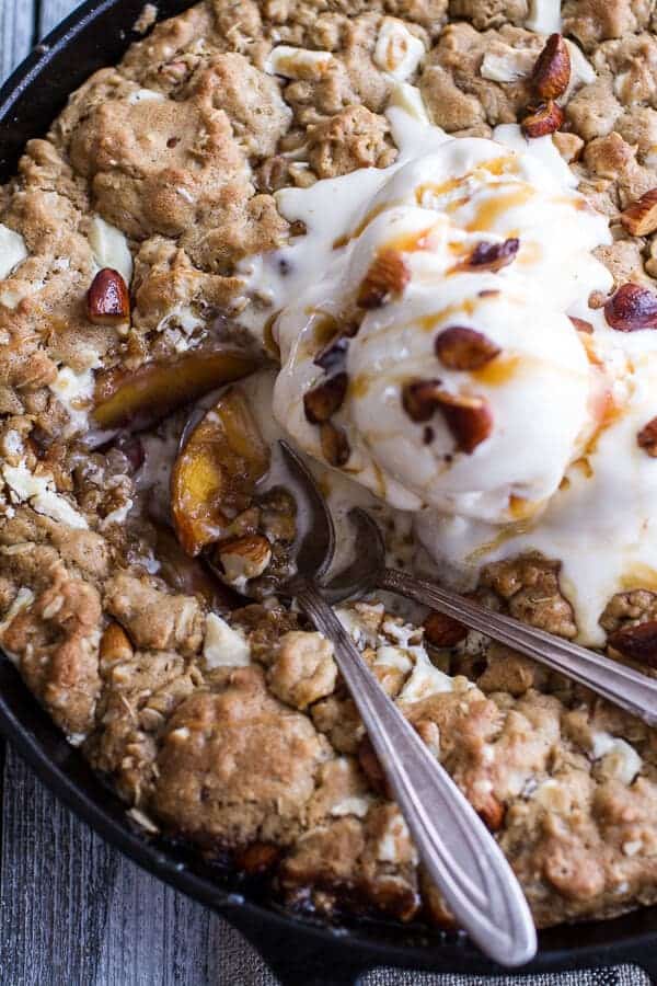 Caramelized Peach + White Chocolate Oatmeal Skillet Cookie Pie | halfbakedharvest.com @hbharvest