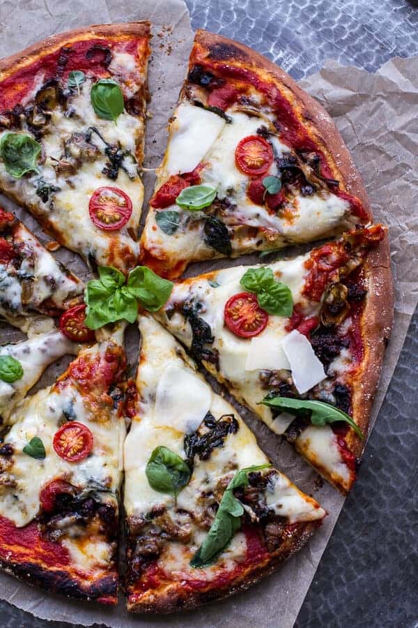 Cheesy Fontina Caramelized Onion, Chorizo, Spinach and Artichoke Pizza | halfbakedharvest.com @hbharvest