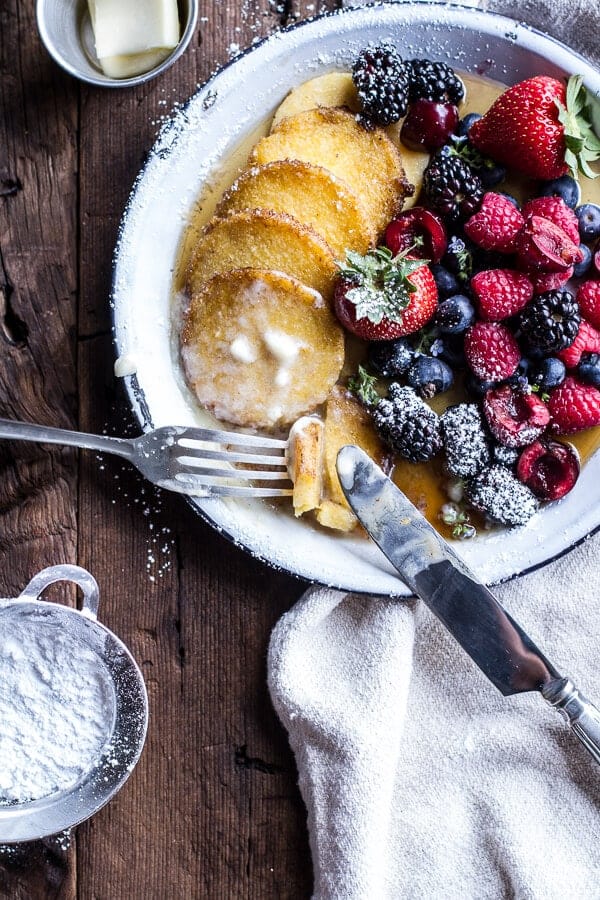 Sweet Buttered Polenta Pancakes with Fresh Summer Berries | halfbakedharvest.com