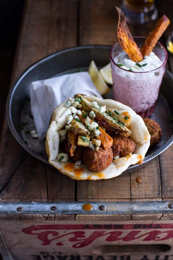 Buffalo Falafel Pitas w-Garlic Blue Cheese Fries + Ranch Style Tzatziki | halfbakedharvest.com @hbharvest