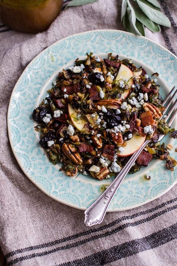 Caramelized Brussels Sprout Salad w/Blue Cheese, Bacon + Caramel Apple Vinaigrette | halfbakedharvest.com @hbharvest