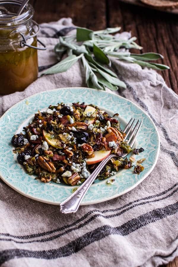 Caramelized Brussels Sprout Salad w/Blue Cheese, Bacon + Caramel Apple Vinaigrette | halfbakedharvest.com @hbharvest