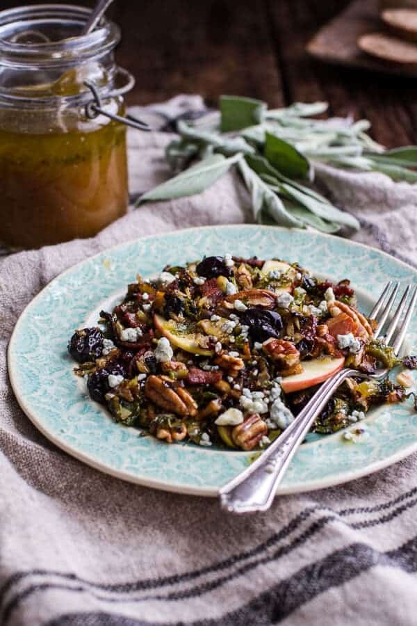 Caramelized Brussels Sprout Salad w/Blue Cheese, Bacon + Caramel Apple Vinaigrette | halfbakedharvest.com @hbharvest