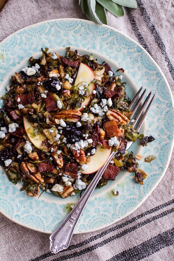 Caramelized Brussels Sprout Salad w/Blue Cheese, Bacon + Caramel Apple Vinaigrette | halfbakedharvest.com @hbharvest