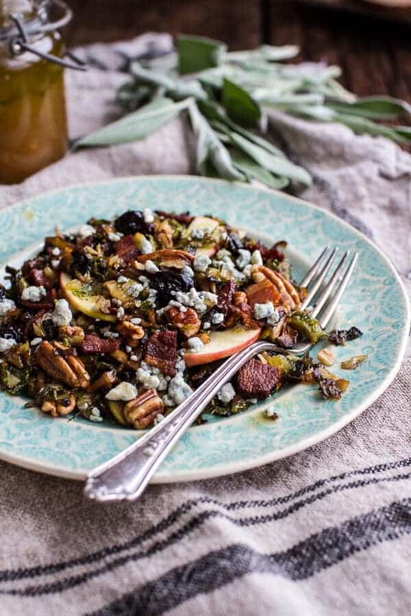 Caramelized Brussels Sprout Salad w/Blue Cheese, Bacon + Caramel Apple Vinaigrette | halfbakedharvest.com @hbharvest