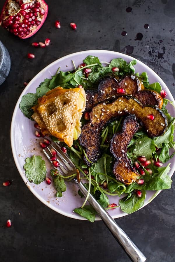 Miso Roasted Acorn Squash + Pomegranate Salad w/Waffled Cheddar Apple Tahini Grilled Cheese Triangles | halfbakedharvest.com @hbharvest